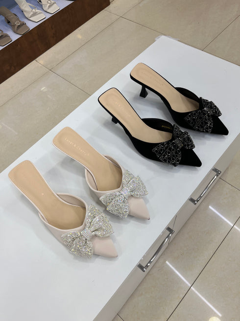 Rhinestone Embedded Bow Close Toe Heel